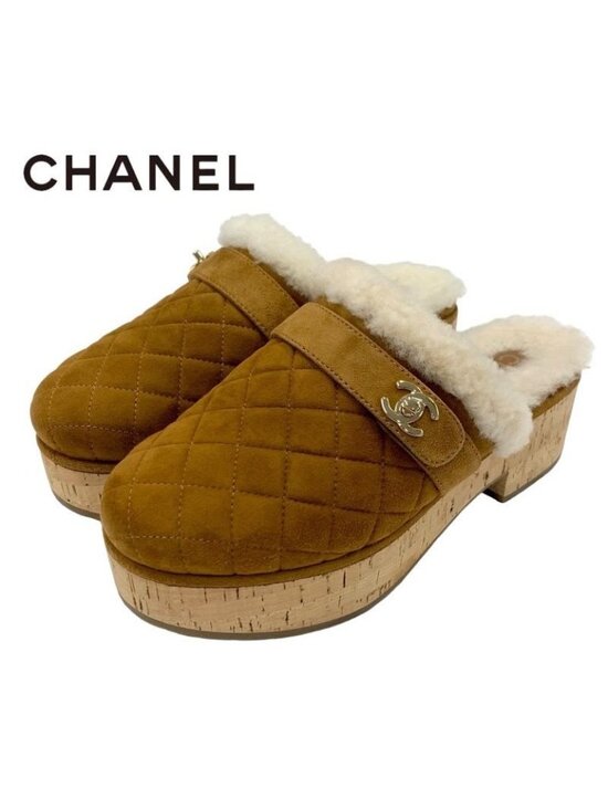 Chanel Shoes - Chanel Sandals Shoes Suede Mouton Cork Brown Gold Clog Mules Turnlock Coco Mark